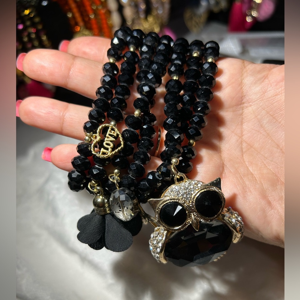 Artisanal Black Beaded Owl 7PC Bracelet set